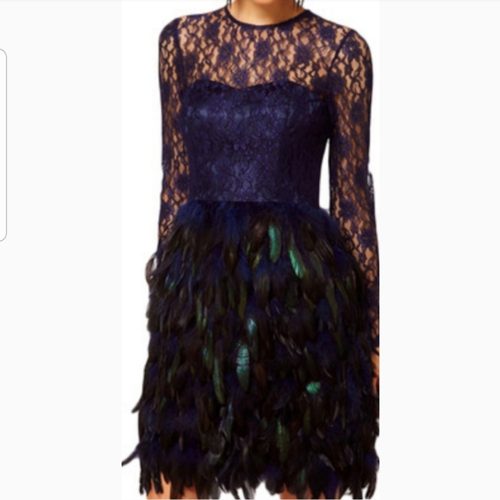 Vicky and Lucas lace and feather dress